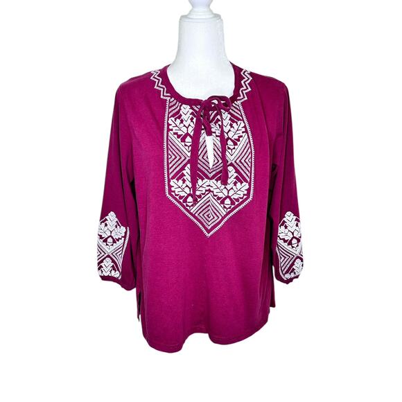 J. Crew Maroon Embroidered Tie Neck Tencel Cotton 3/4 Sleeve Tunic Top - Picture 1 of 8